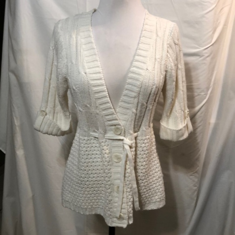 Derek Heart White V Neck Large Button Sweater